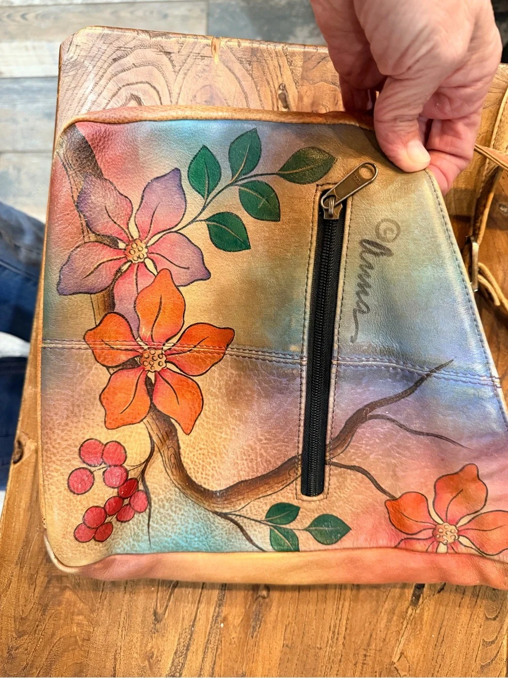 Anuschka Floral Berries Hand Painted Leather Crossbody Flap Bag Purse Rare